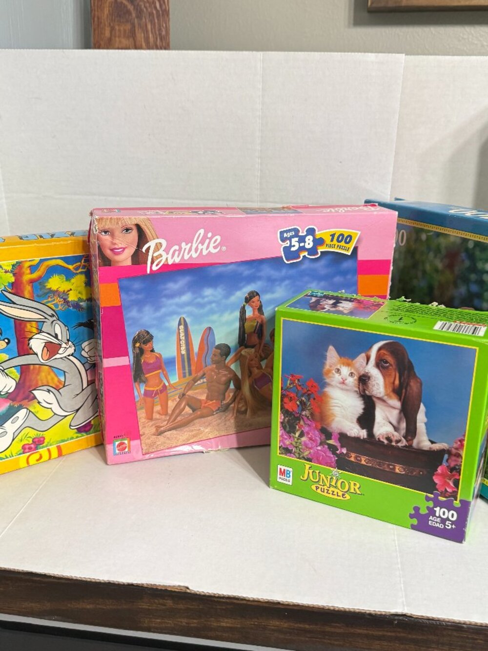 Vtg 100 Piece Puzzles Beach Barbie Junior Dogs Cats Looney Tunes Bugs Bunny Lot4